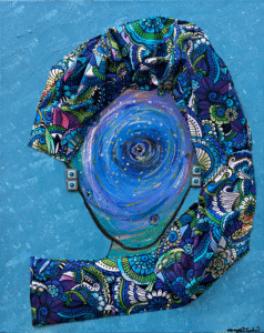Ladner Art Corner Acrylic painting Category. This piece is called Beyond the Bend. A blue abstract face portrait wearing a hand sewn fabric head wrap with blue enamel stone earrings against a textured blue back ground.