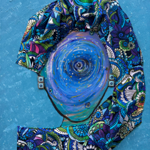 Ladner Art Corner Acrylic painting Category. This piece is called Beyond the Bend. A blue abstract face portrait wearing a hand sewn fabric head wrap with blue enamel stone earrings against a textured blue back ground.