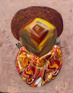 Ladner Art Corner Acrylic painting Category. This piece is called Claried Focus. An abstract face portrait wearing a textured hat and real abalone shell earrings and a hand sewn fabric scarf.