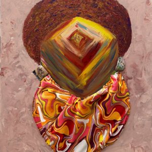 Ladner Art Corner Acrylic painting Category. This piece is called Claried Focus. An abstract face portrait wearing a textured hat and real abalone shell earrings and a hand sewn fabric scarf.