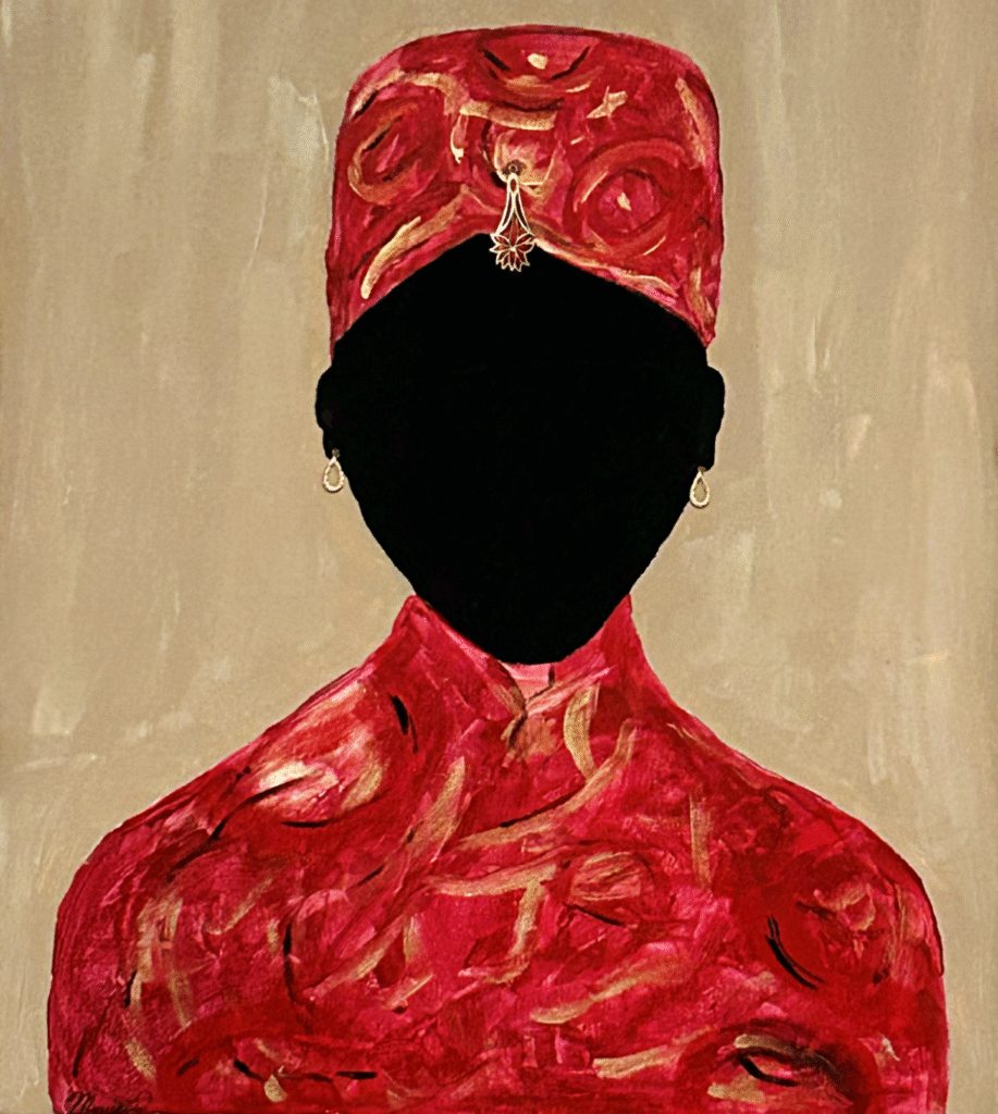 Ladner Art Corner Acrylic painting Category. This piece is called Ruby Empress. A regal like all black portrait figure with no facial features wearing 14K gold earrings and a red and gold head piece with a gold Cloisonne jewelry piece, Figure is wearing a red, black and gold top.