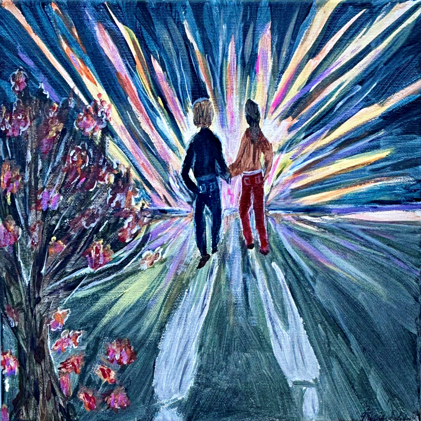 A couple walking hand in hand into the light.