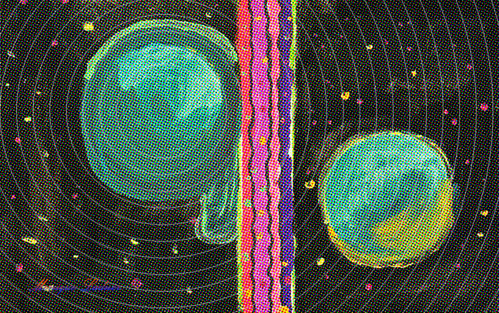 Ladner Art Corner Digital Art Category. This piece is called Pong showing two green and yellow circles orbiting with a multicolor rectangular shape dividing the two.