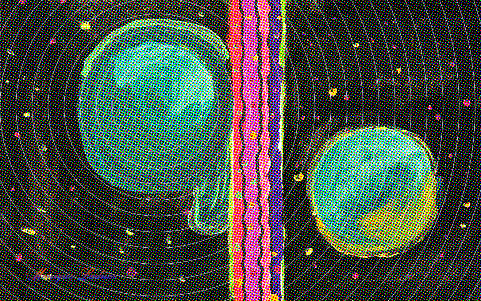Ladner Art Corner Digital Art Category. This piece is called Pong showing two green and yellow circles orbiting with a multicolor rectangular shape dividing the two.