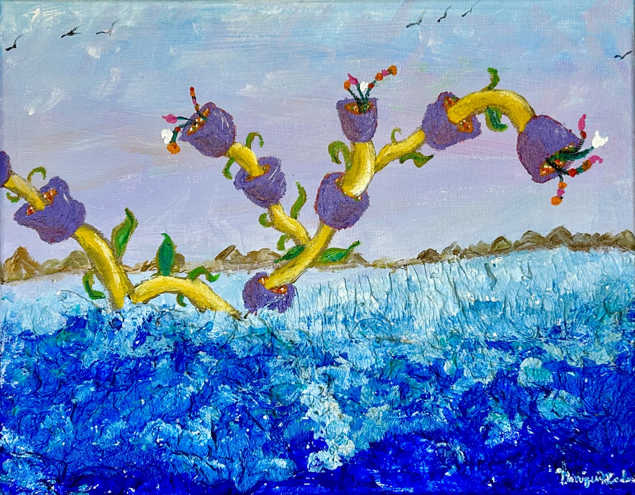 A picture of a flower like creation coming up from the sea.