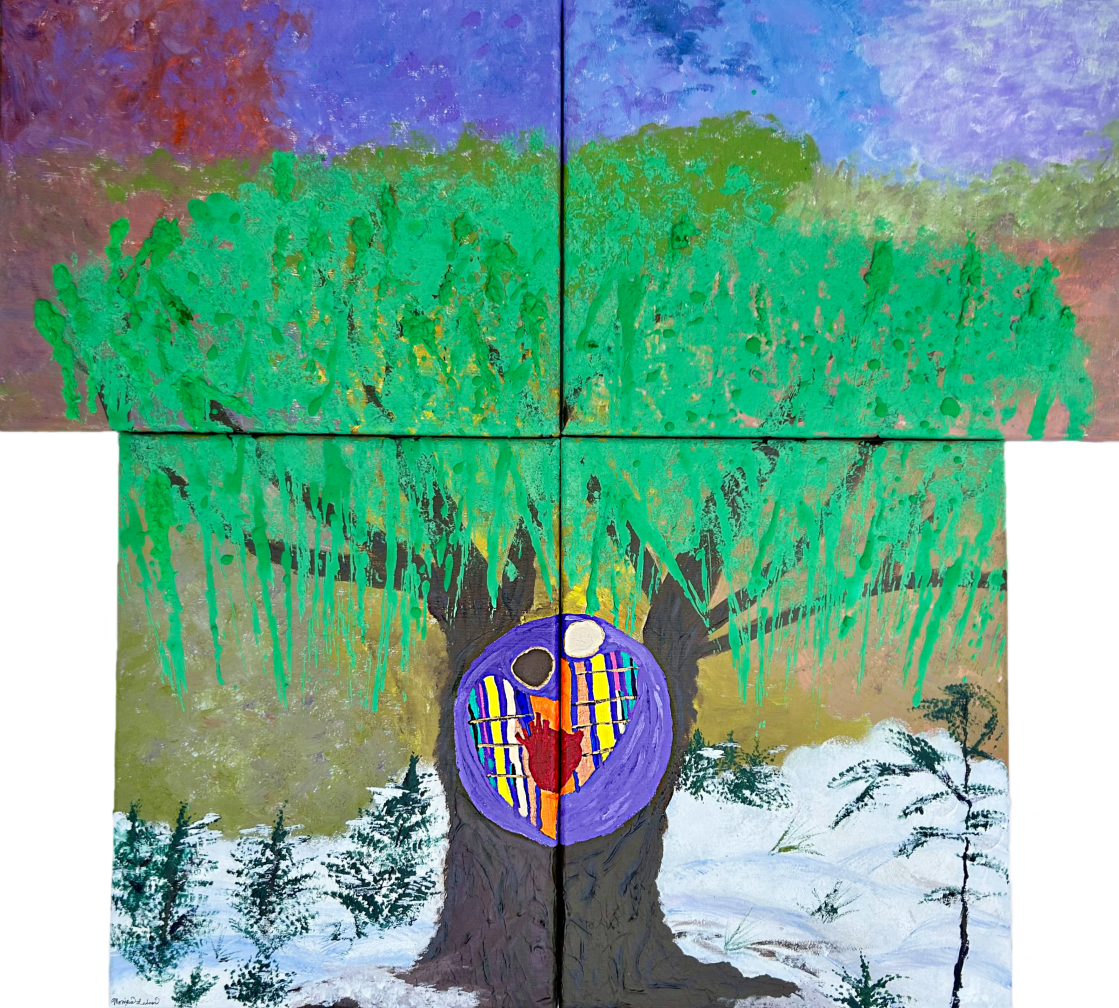 A large weeping willow tree with two people in the middle with a joining physical heart.