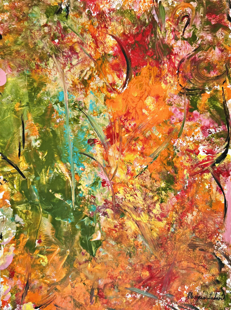 Abstract painting with blue peaking through