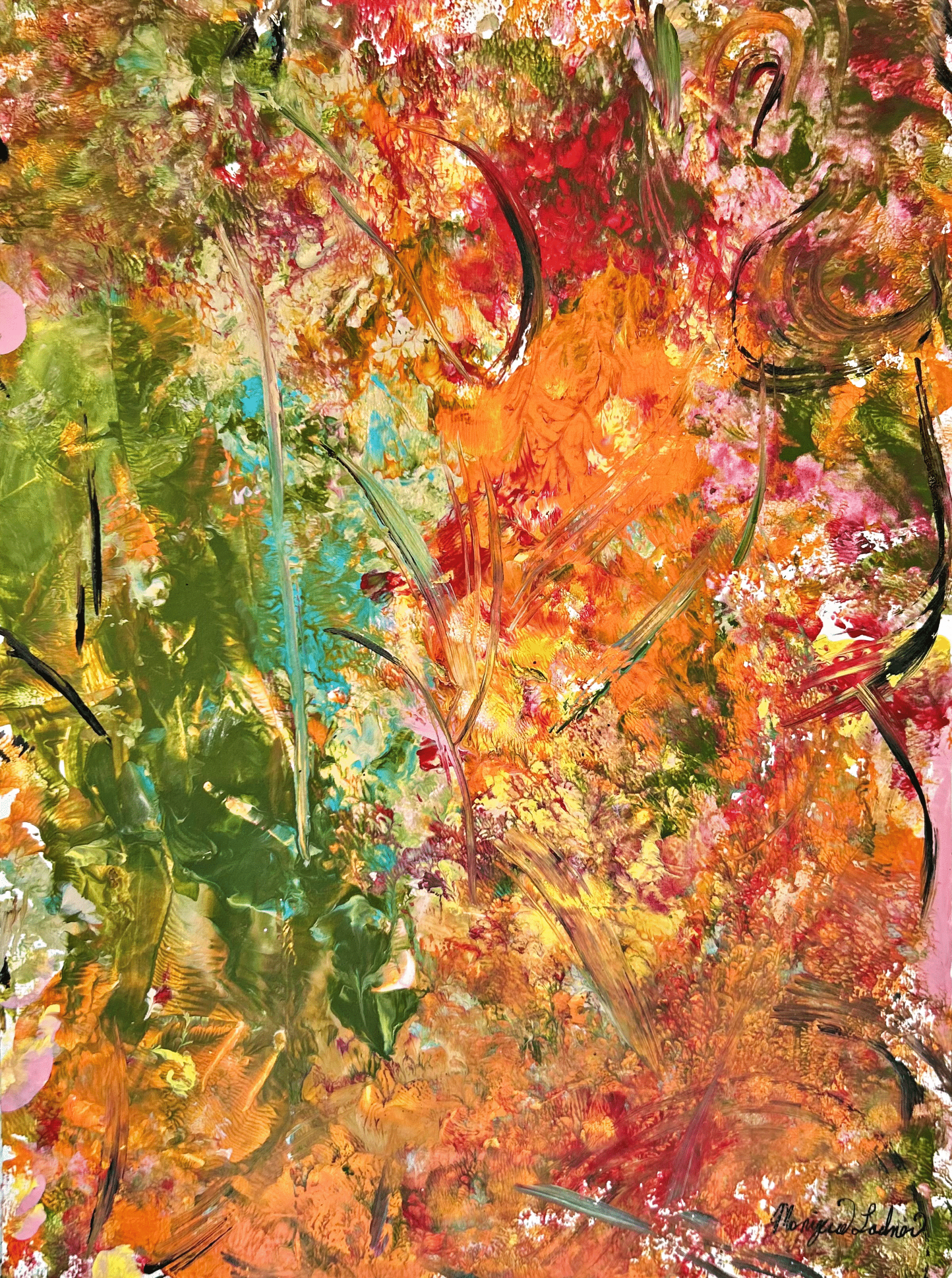 Abstract painting with blue peaking through