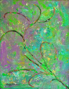 An abstract painting with a branch like figure dancing in the breeze.