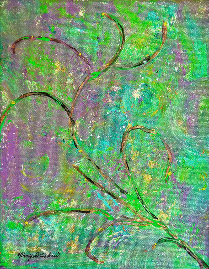 An abstract painting with a branch like figure dancing in the breeze.