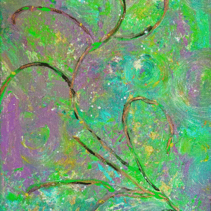 An abstract painting with a branch like figure dancing in the breeze.