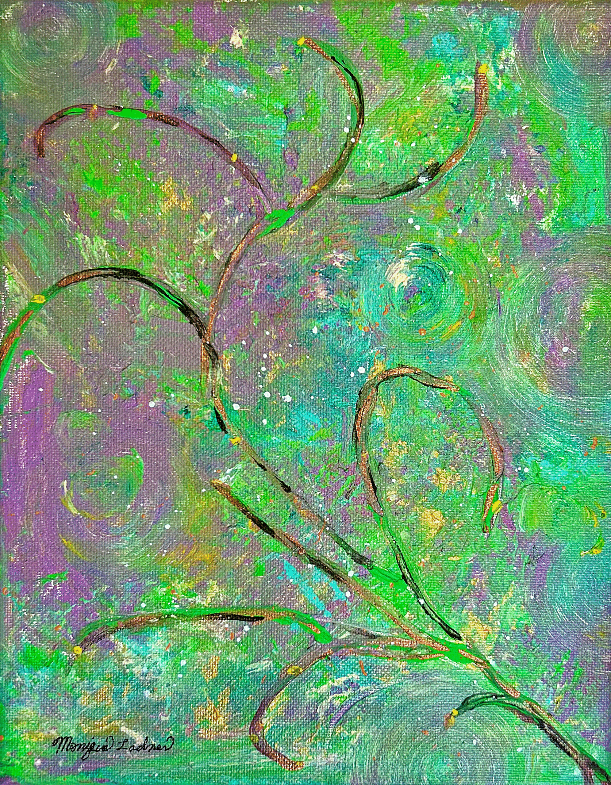 An abstract painting with a branch like figure dancing in the breeze.