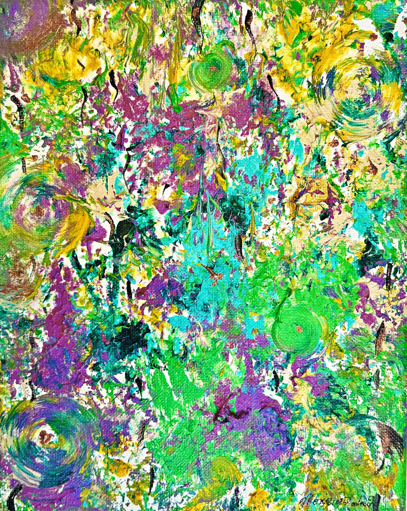 Color textured abstract painting with yellows, greens and blues.