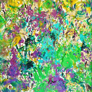Color textured abstract painting with yellows, greens and blues.