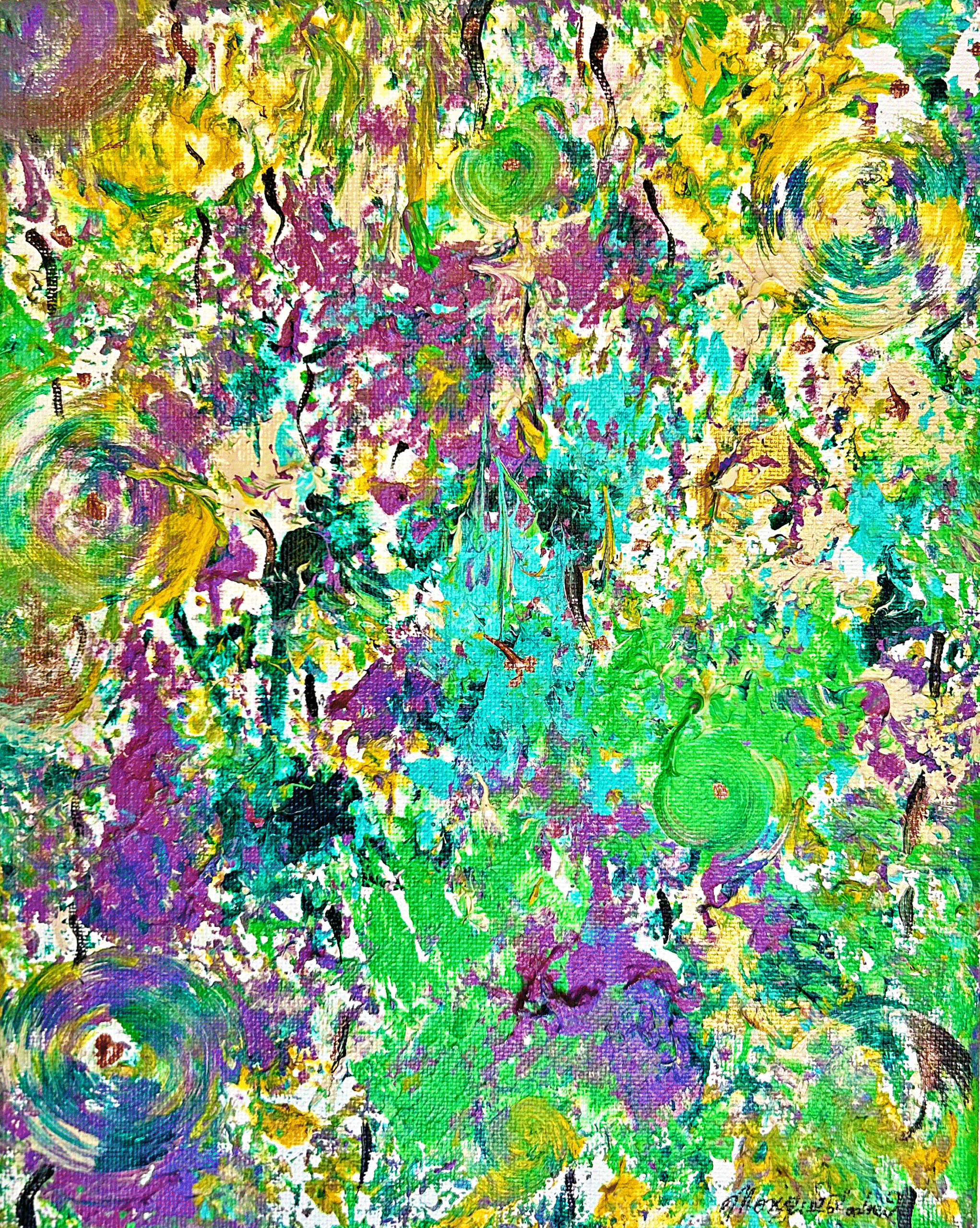 Color textured abstract painting with yellows, greens and blues.