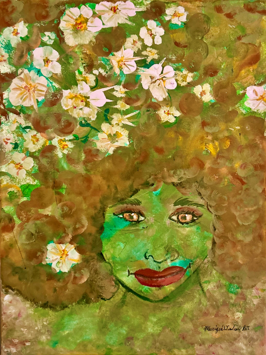 A woman with curly Hair with Cherry Blossoms in her hair