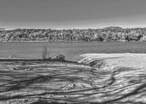 A solemn black and white landscape picture.