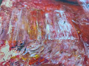 Close up of a 12x36 Mixed Media painting.