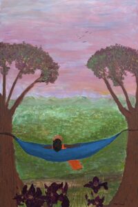 A soothing image of a woman sitting in a hammock under a colorful sky.