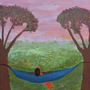 A soothing image of a woman sitting in a hammock under a colorful sky.