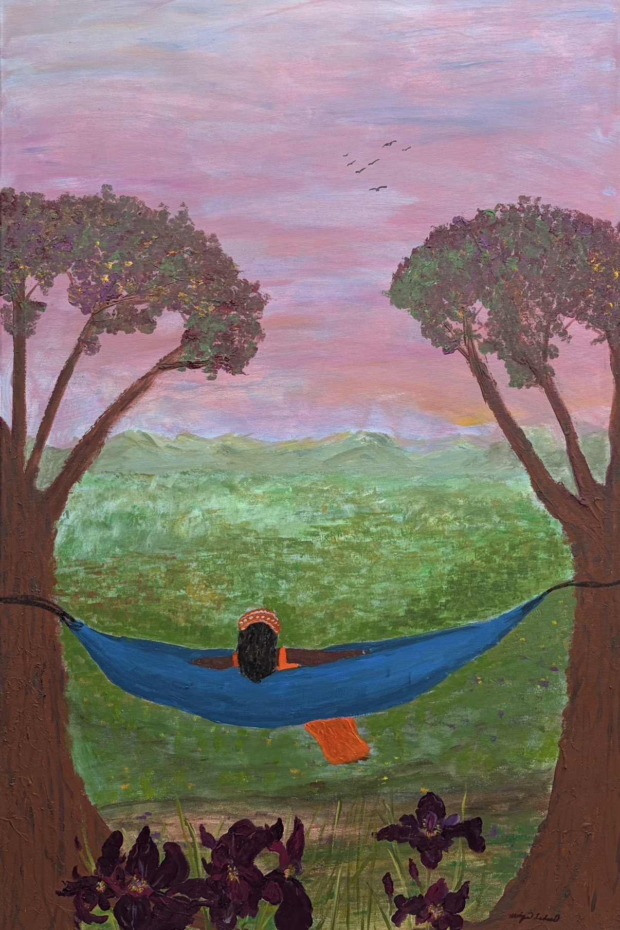 A soothing image of a woman sitting in a hammock under a colorful sky.